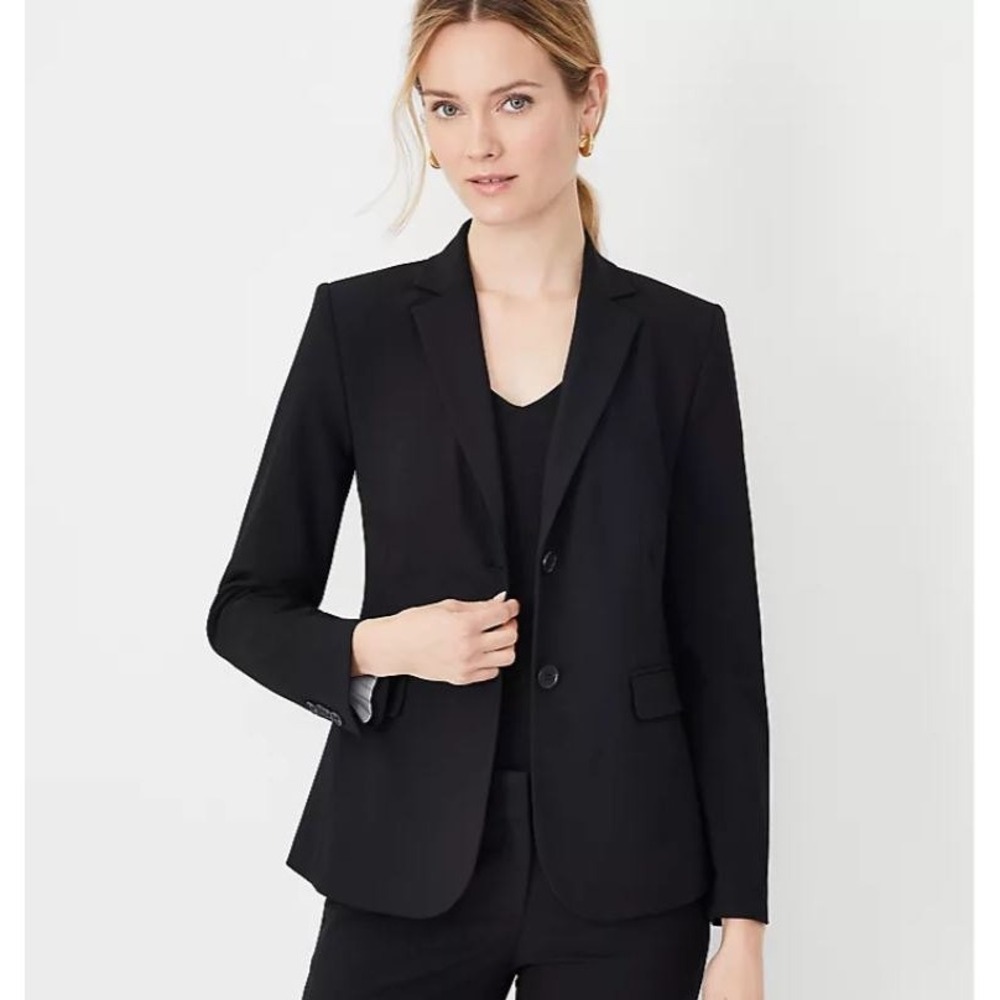 ANN TAYLOR LOFT PETITES Black Herringbone Notched Two Button Wool‎ Blazer 6P